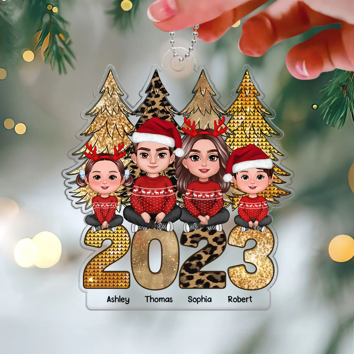 Family Sitting Gold Leopard Sparking Christmas Tree Personalized Acrylic Ornament - Image 3
