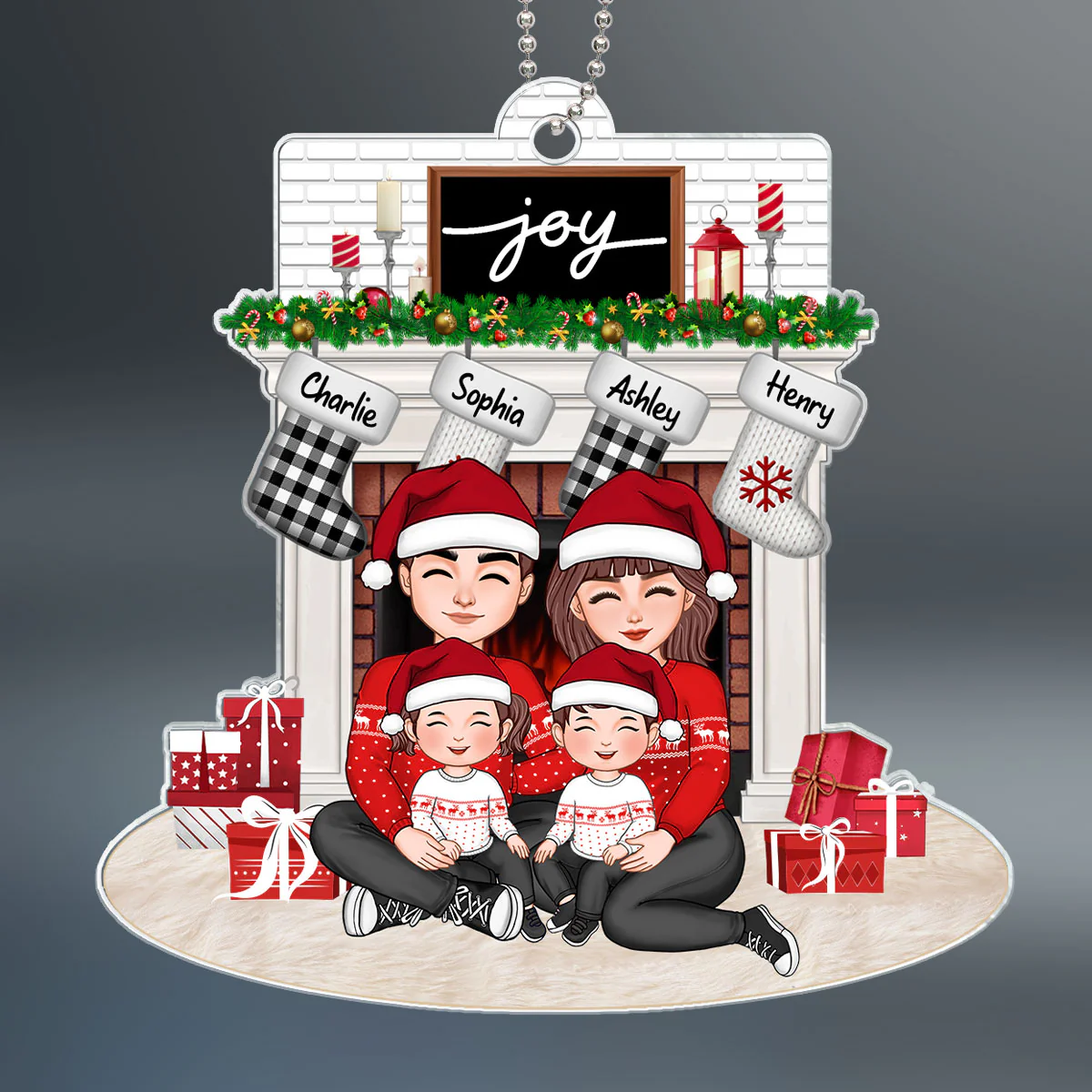 Family Sitting Hugging At The Fireplace Personalized Family Christmas Acrylic Ornament - Image 2