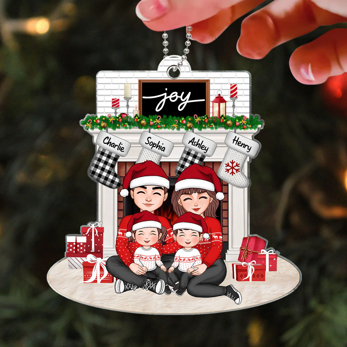 Family Sitting Hugging At The Fireplace Personalized Family Christmas Acrylic Ornament - Image 3