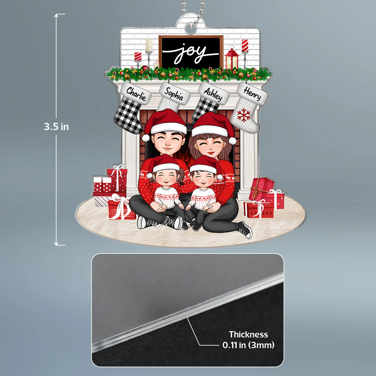 Family Sitting Hugging At The Fireplace Personalized Family Christmas Acrylic Ornament - Image 4