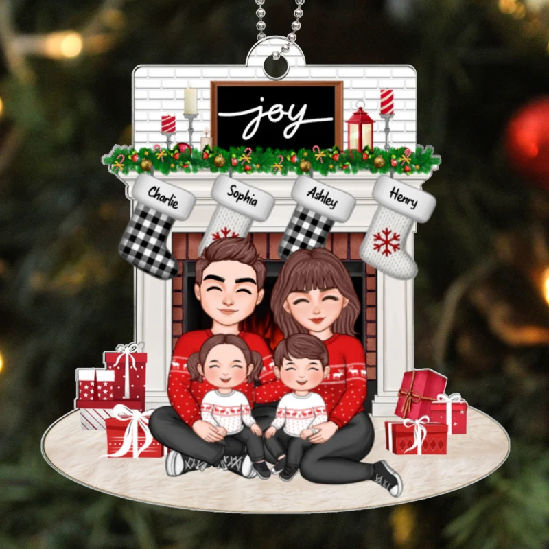 Family Sitting Hugging At The Fireplace Personalized Family Christmas Acrylic Ornament - Image 5