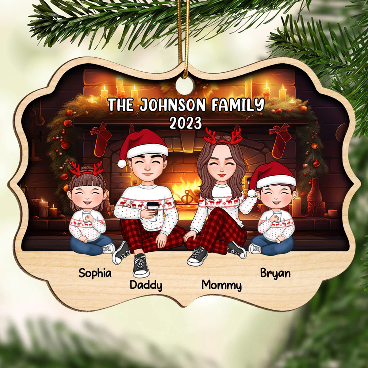Family Sitting In Front Of Fireplace Personalized Wooden Ornament - Image 2
