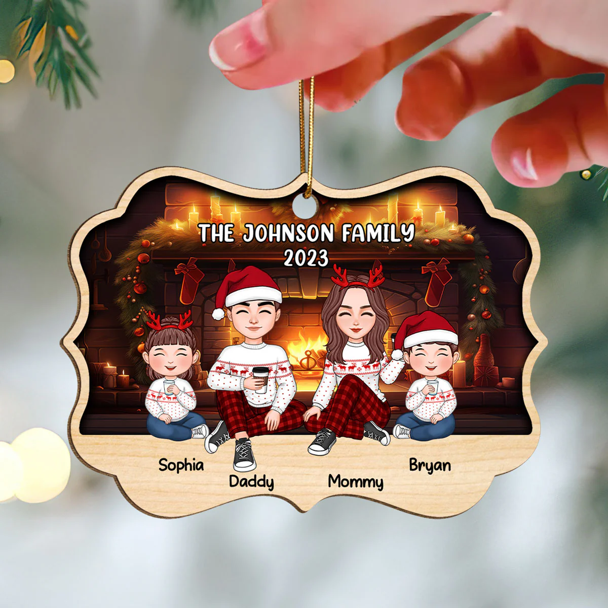 Family Sitting In Front Of Fireplace Personalized Wooden Ornament - Image 3