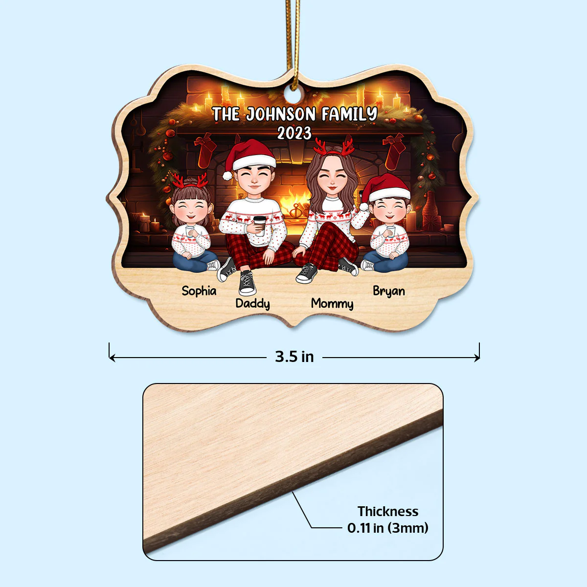 Family Sitting In Front Of Fireplace Personalized Wooden Ornament - Image 4