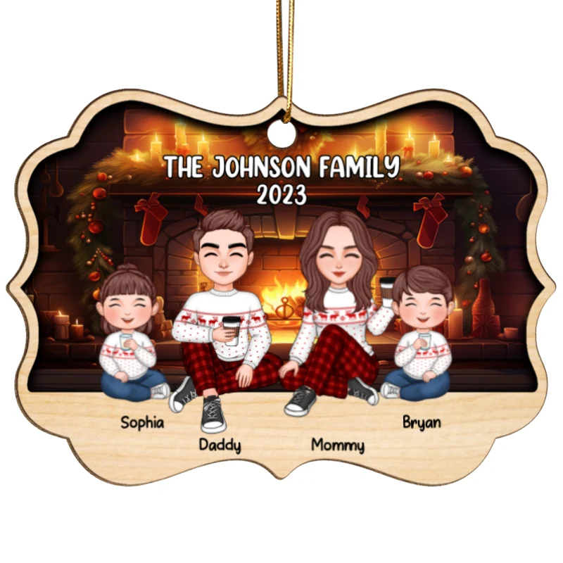 Family Sitting In Front Of Fireplace Personalized Wooden Ornament - Image 5