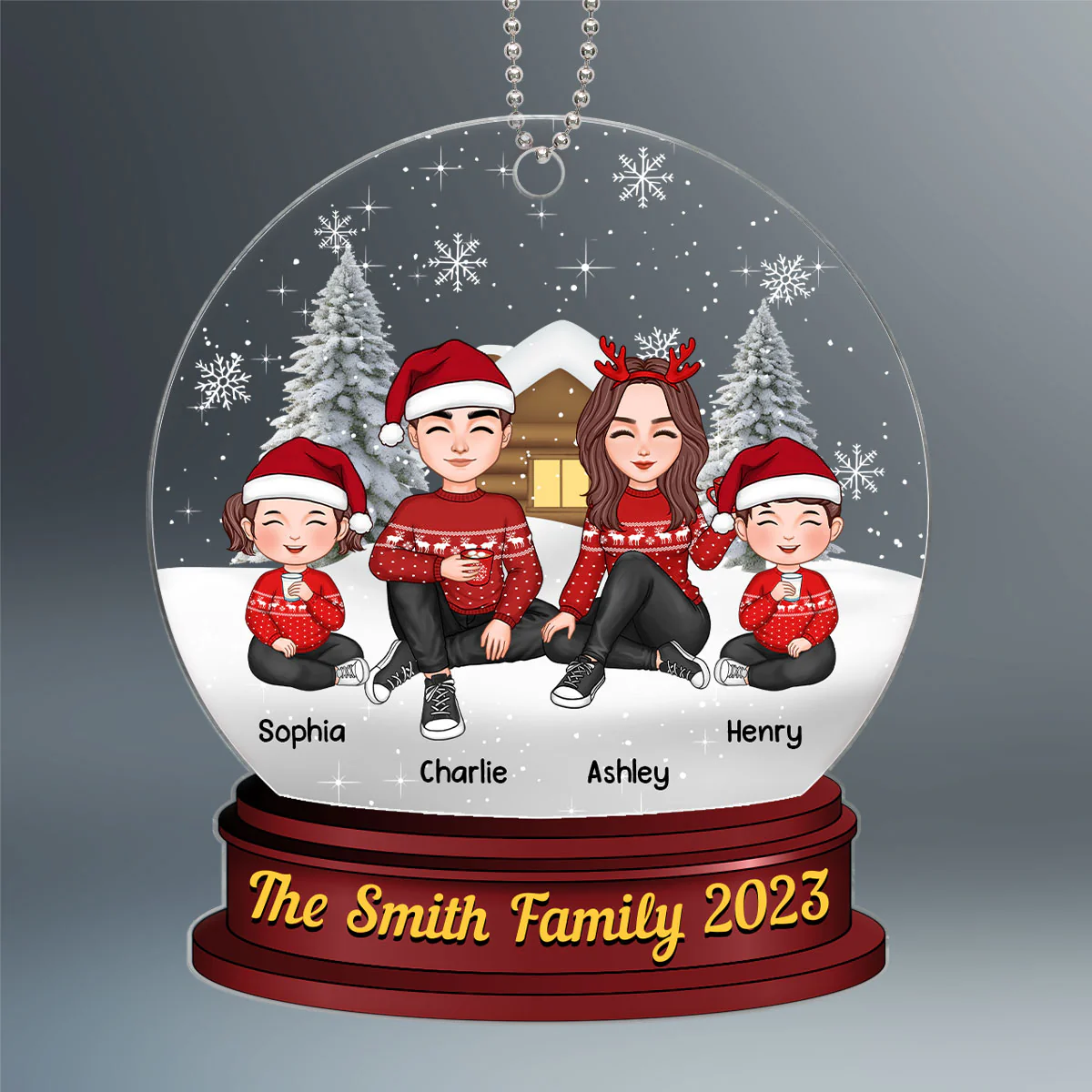 Family Sitting In Snow Globe Christmas Personalized Acrylic Ornament - Image 2