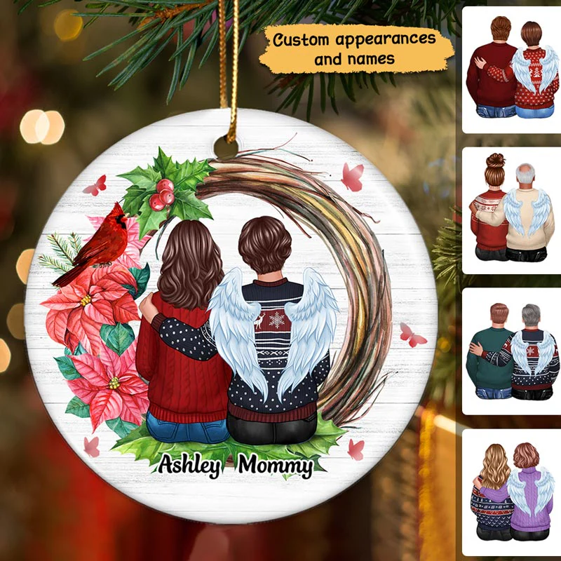 Family Sitting Memorial Cardinal Wreath Personalized Circle Ornament - Image 2