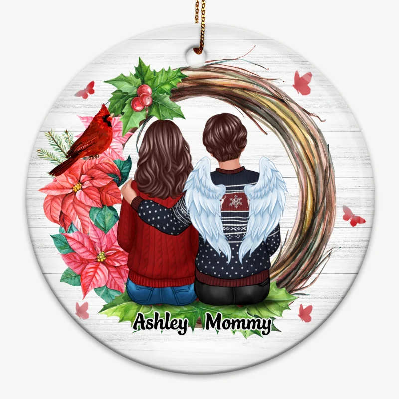 Family Sitting Memorial Cardinal Wreath Personalized Circle Ornament - Image 3