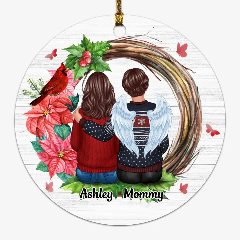 Family Sitting Memorial Cardinal Wreath Personalized Circle Ornament - Image 4
