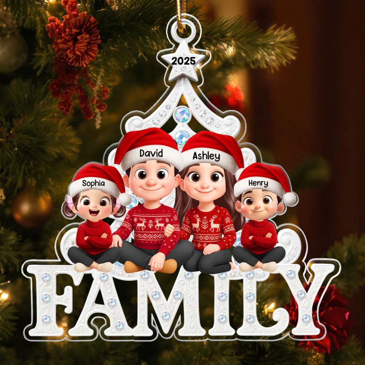 Family Sitting Metallic Mix Crystal Effect - Personalized Acrylic Ornament - Christmas Gift for Family - Image 7