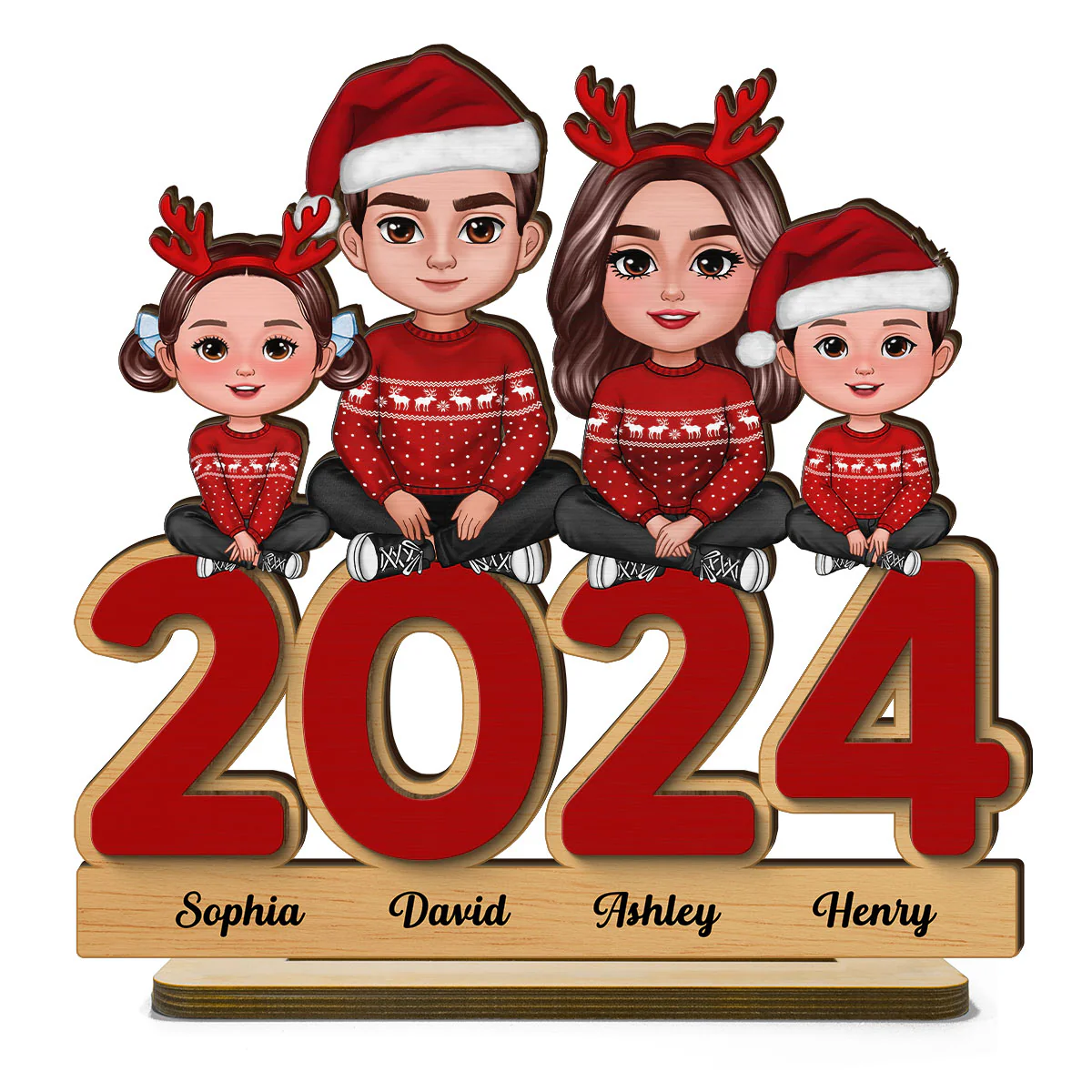 Family Sitting On 2024 Personalized 2-Layer Standing Wooden Plaque, Christmas Tier Tray Decoration - Image 2