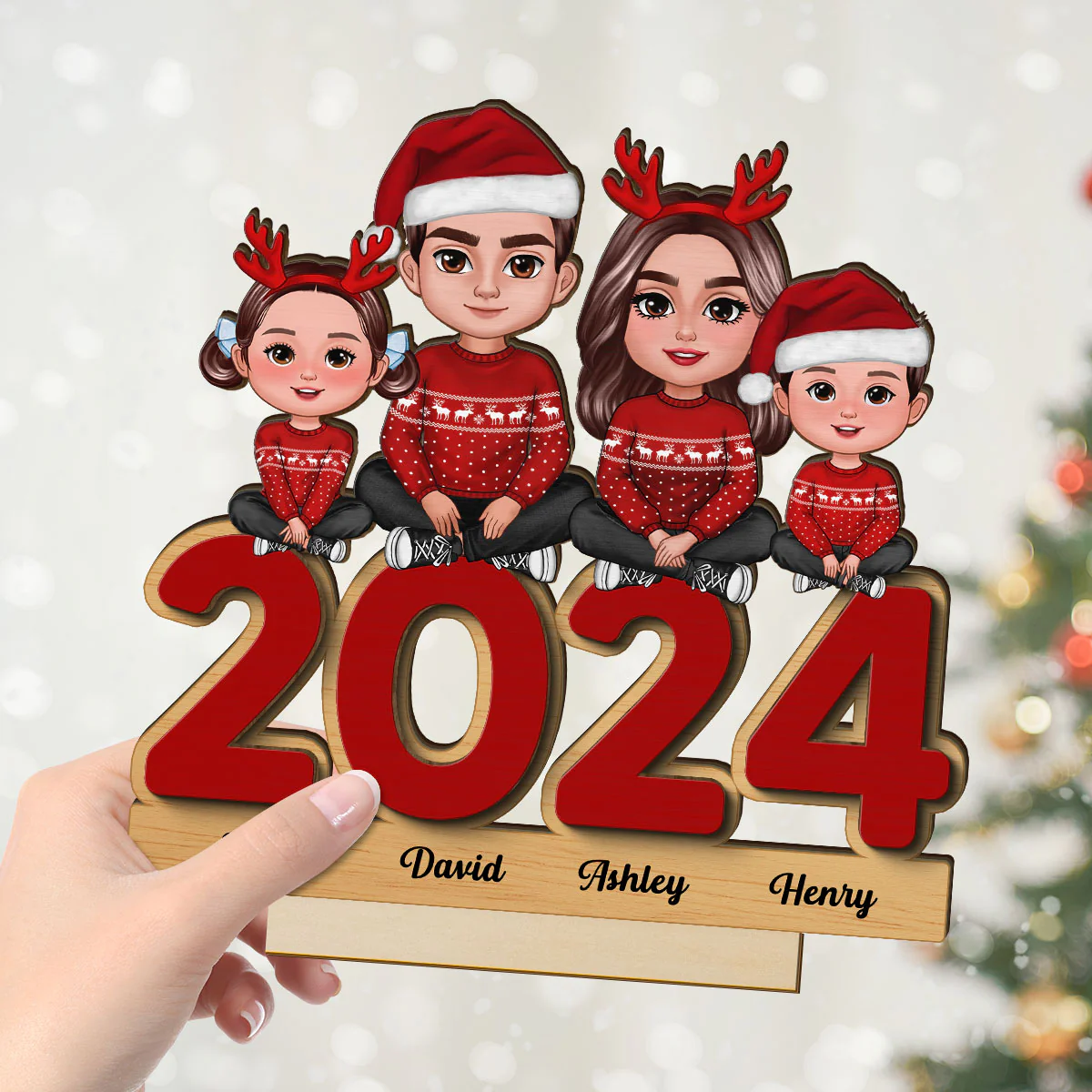 Family Sitting On 2024 Personalized 2-Layer Standing Wooden Plaque, Christmas Tier Tray Decoration - Image 4