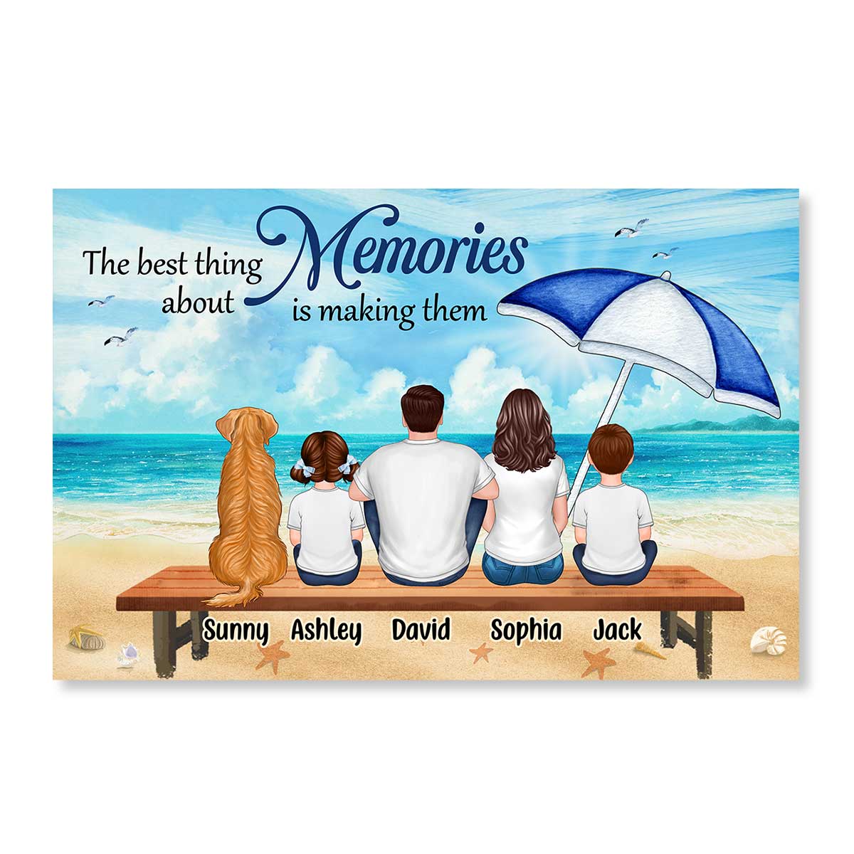 Family Sitting On Beach Bench Umbrella Personalized Horizontal Poster