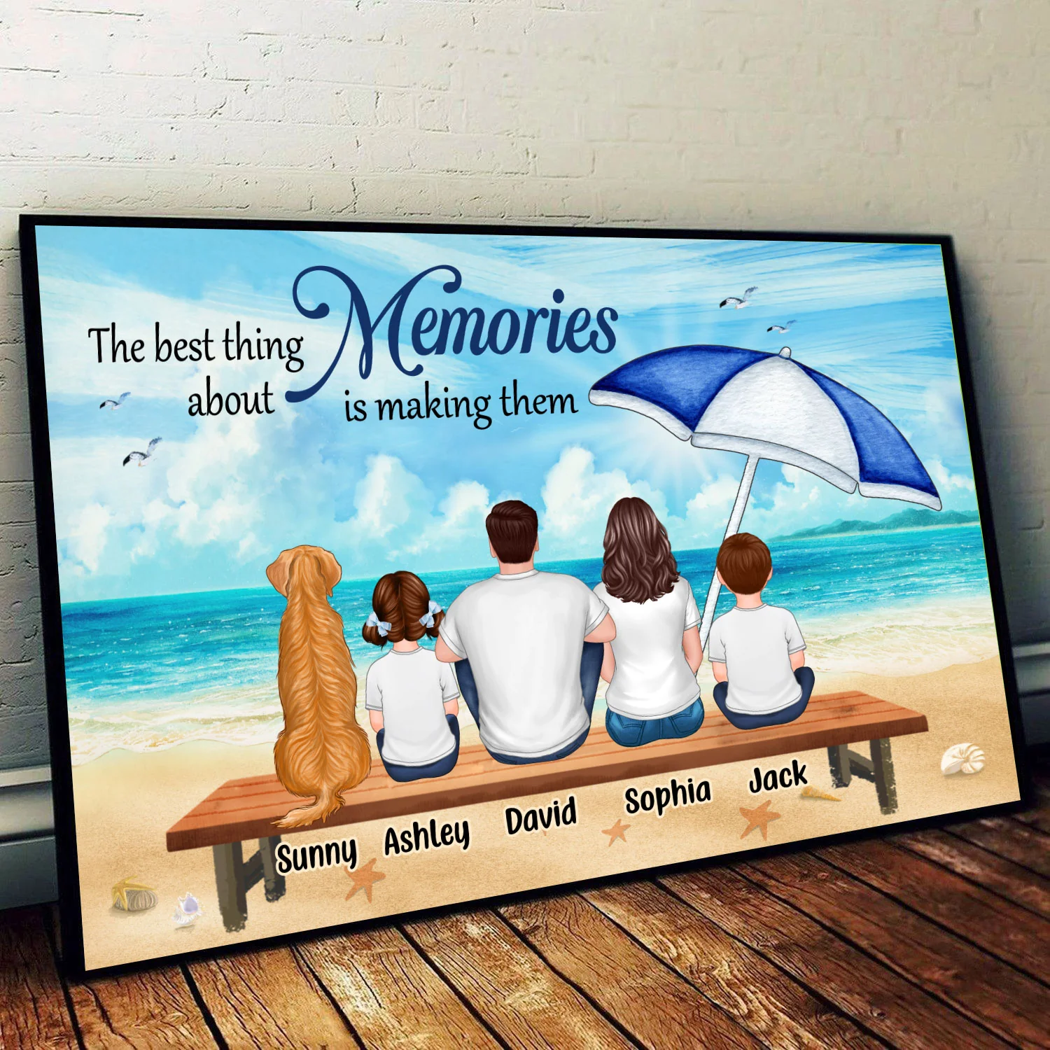 Family Sitting On Beach Bench Umbrella Personalized Horizontal Poster - Image 2