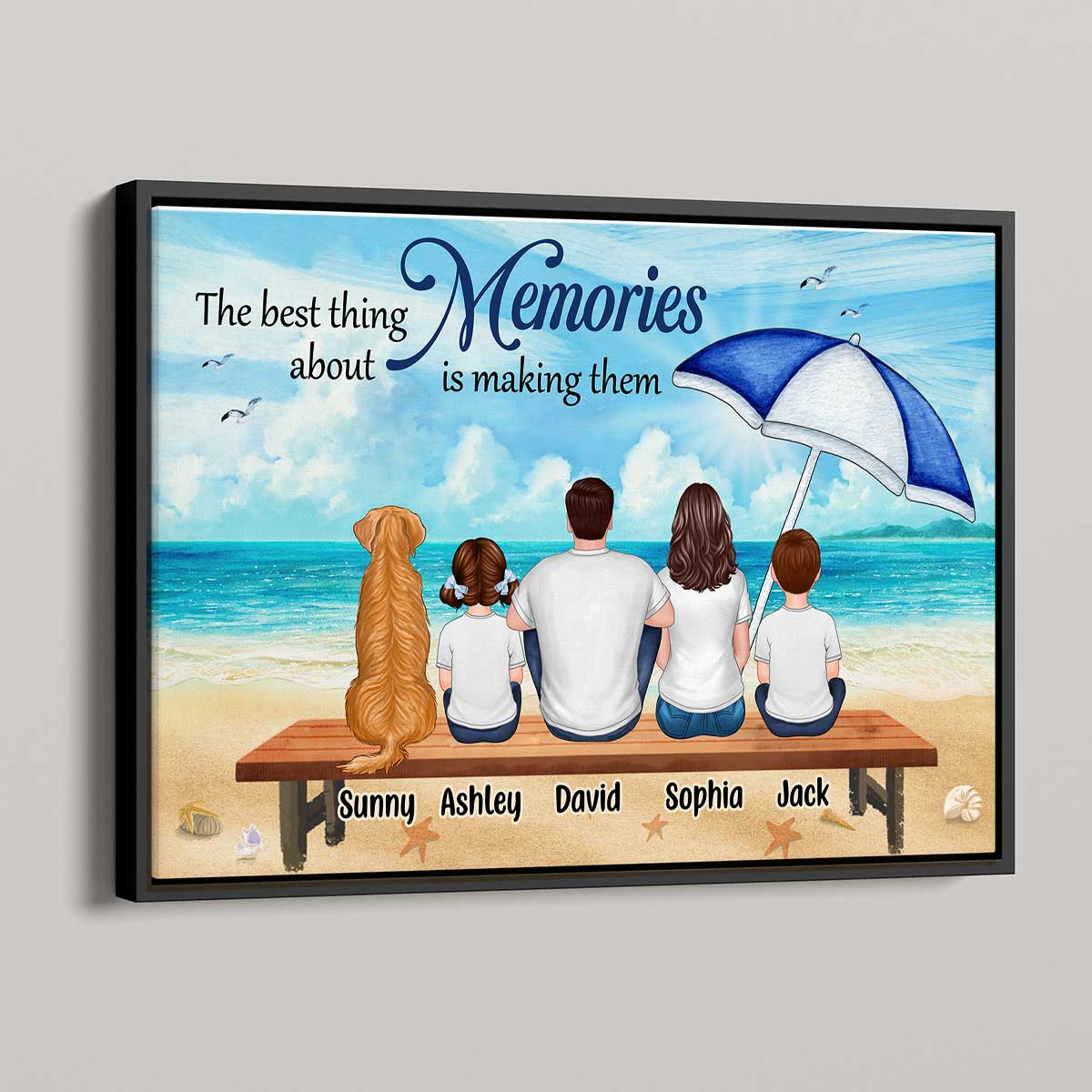 Family Sitting On Beach Bench Umbrella Personalized Horizontal Poster - Image 3