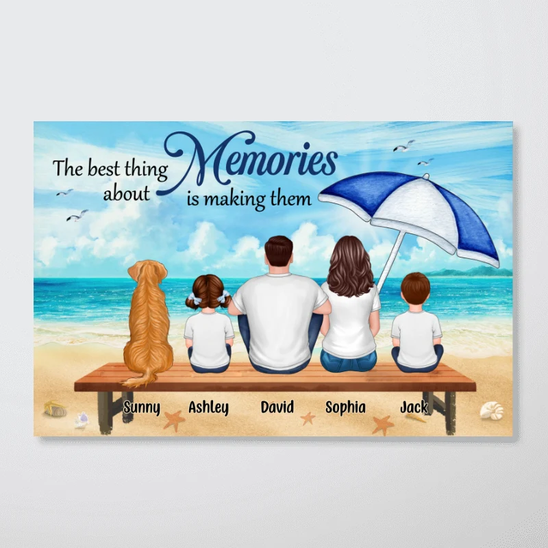 Family Sitting On Beach Bench Umbrella Personalized Horizontal Poster - Image 4