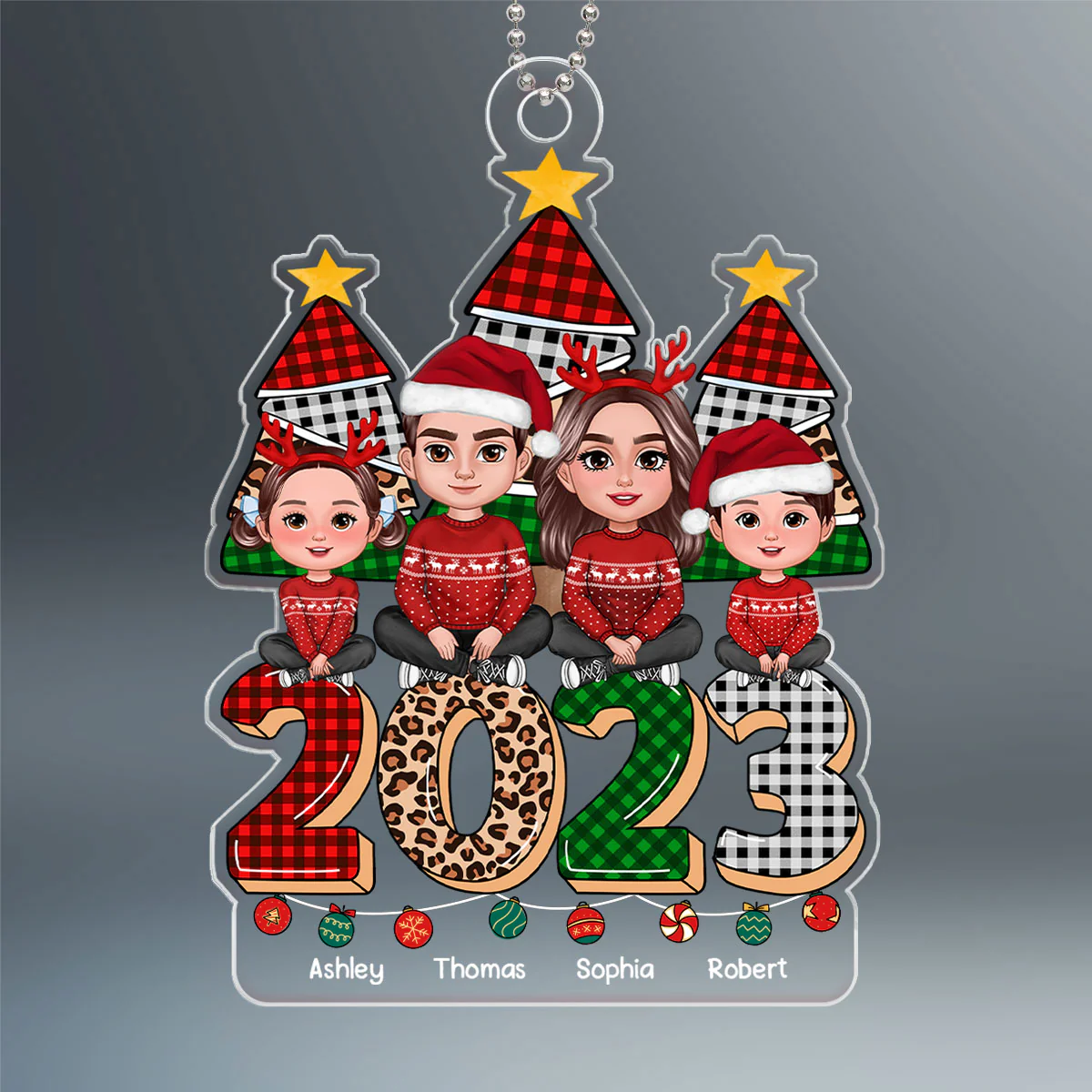 Family Sitting On Checkered Leopard 2023 Christmas Tree Personalized Acrylic Ornament - Image 2