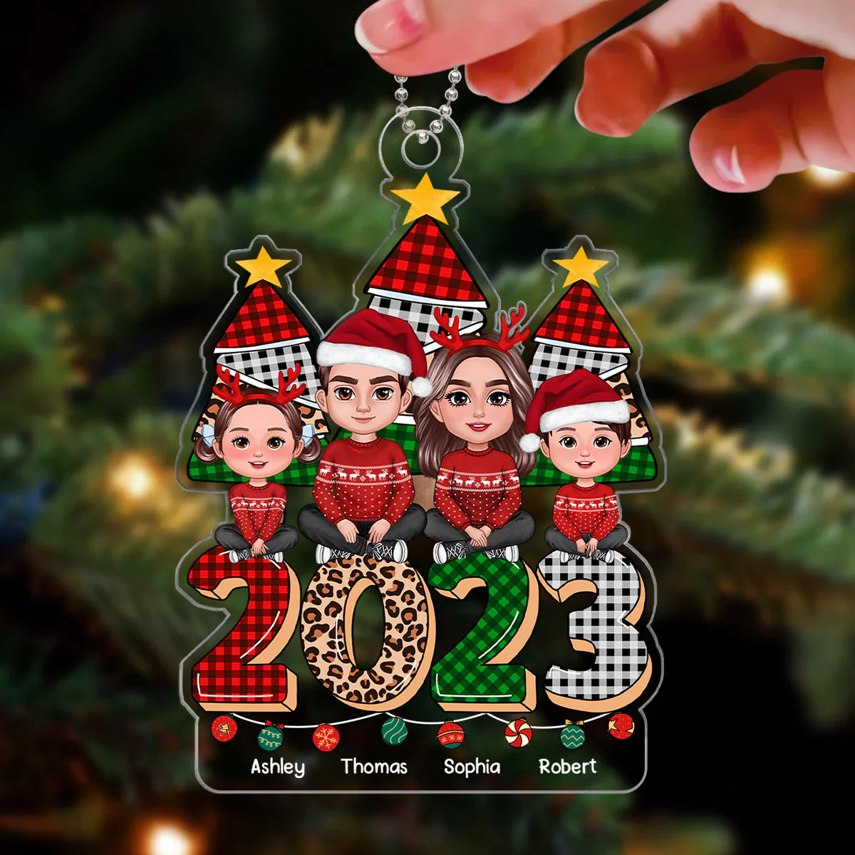 Family Sitting On Checkered Leopard 2023 Christmas Tree Personalized Acrylic Ornament - Image 3