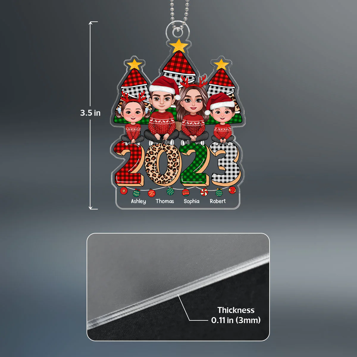 Family Sitting On Checkered Leopard 2023 Christmas Tree Personalized Acrylic Ornament - Image 4