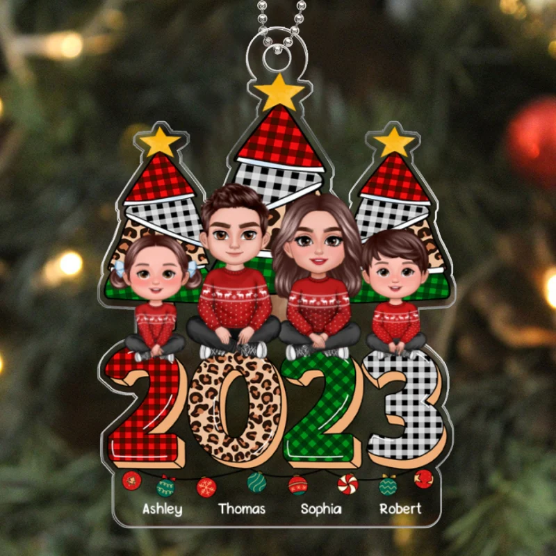 Family Sitting On Checkered Leopard 2023 Christmas Tree Personalized Acrylic Ornament - Image 5