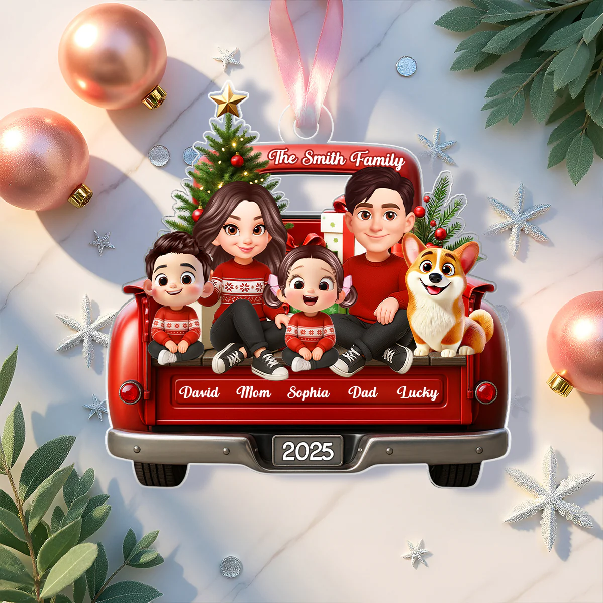 Family Sitting On Christmas Truck Personalized Acrylic Ornament, Christmas Gift for Husband, Wife - Image 3