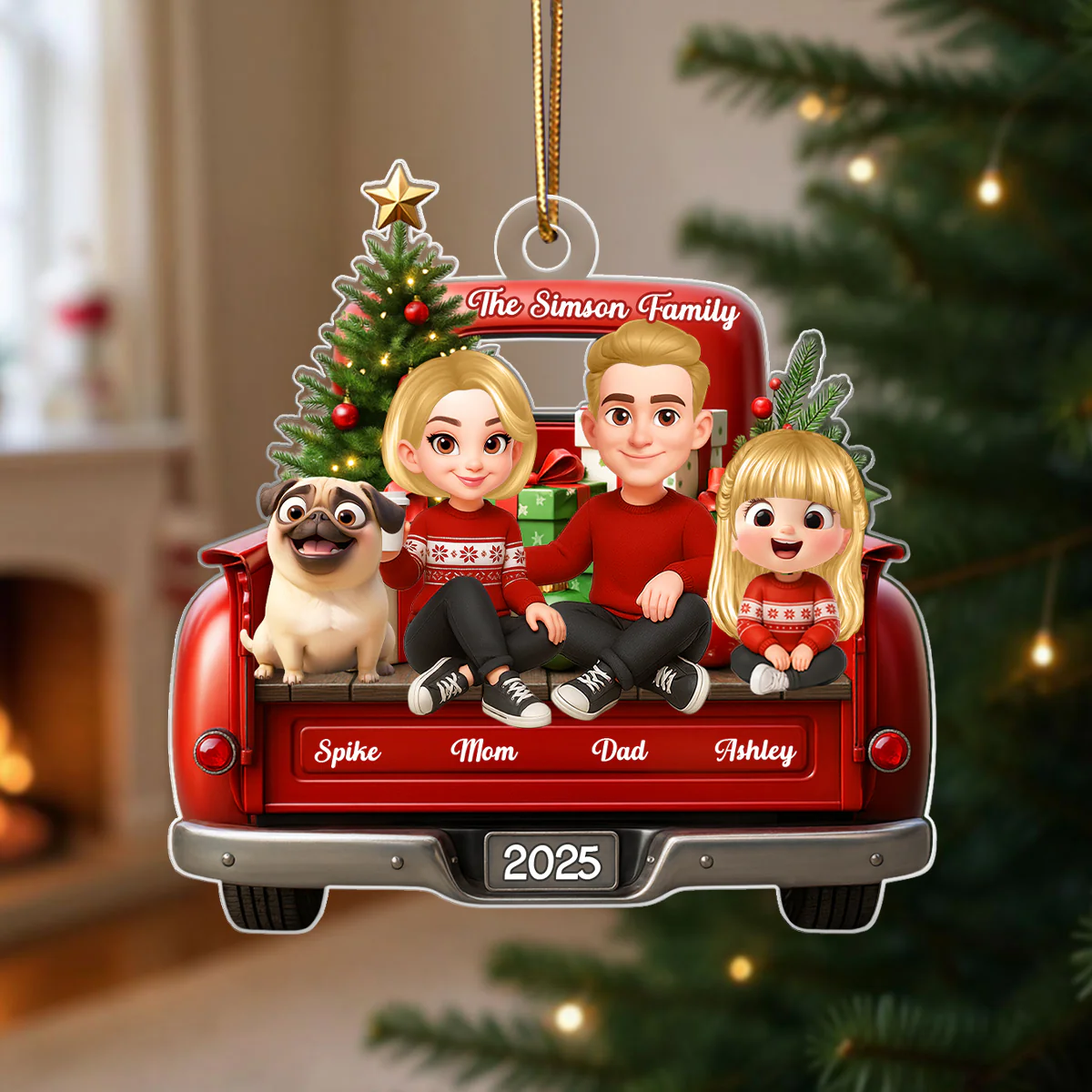 Family Sitting On Christmas Truck Personalized Acrylic Ornament, Christmas Gift for Husband, Wife - Image 5