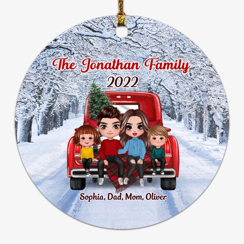 Family Sitting On Christmas Truck Winter Personalized Circle Ornament - Image 4
