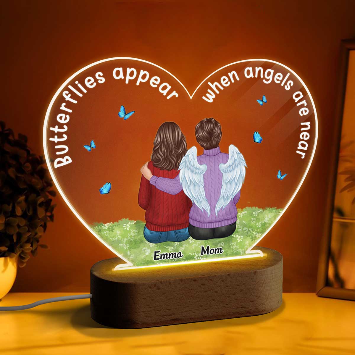 Family Sitting On Grass Memorial Remembrance Personalized Heart Acrylic Plaque LED Lamp Night Light - Image 3