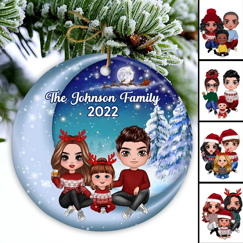 Family Sitting On Moon Winter Personalized Christmas Circle Ornament - Image 2