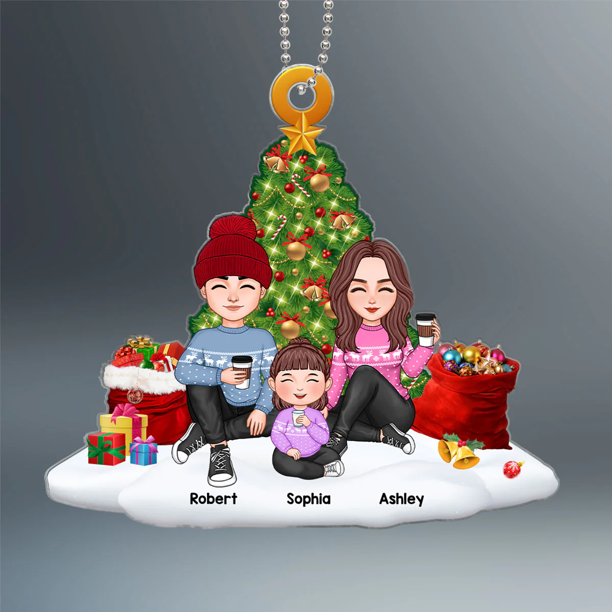 Family Sitting On Snow Christmas Tree Personalized Acrylic Ornament - Image 2