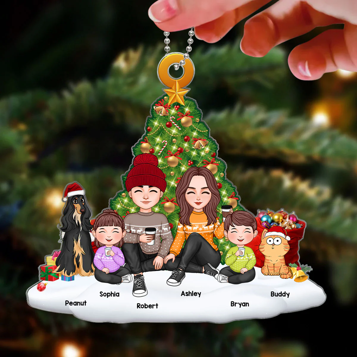 Family Sitting On Snow Christmas Tree Personalized Acrylic Ornament - Image 3