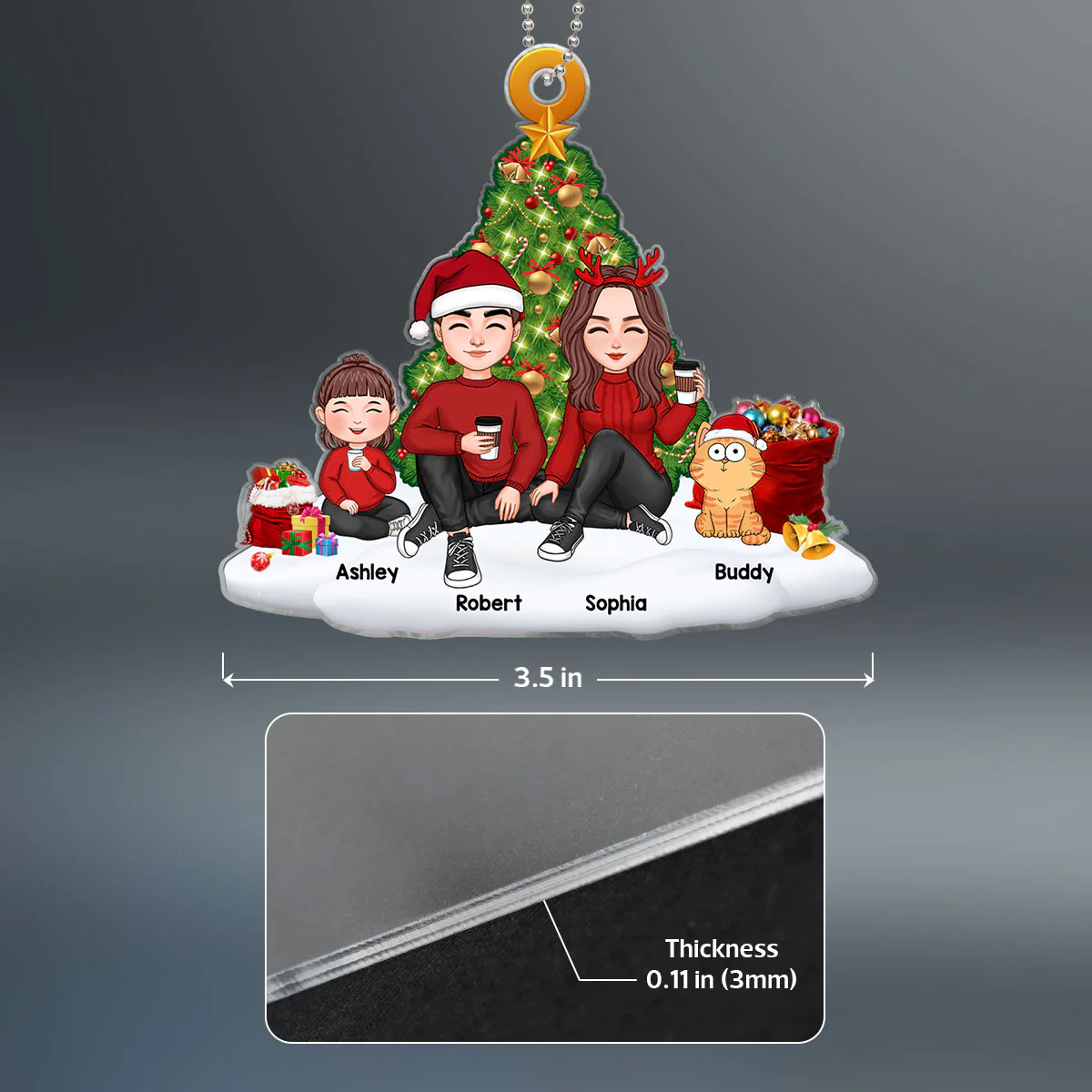 Family Sitting On Snow Christmas Tree Personalized Acrylic Ornament - Image 4