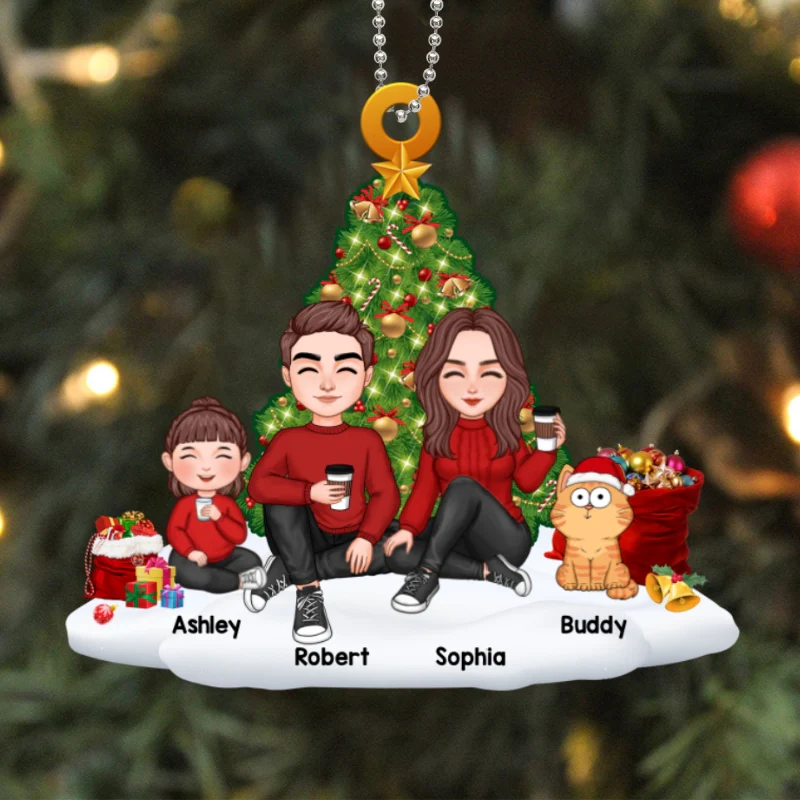 Family Sitting On Snow Christmas Tree Personalized Acrylic Ornament - Image 5