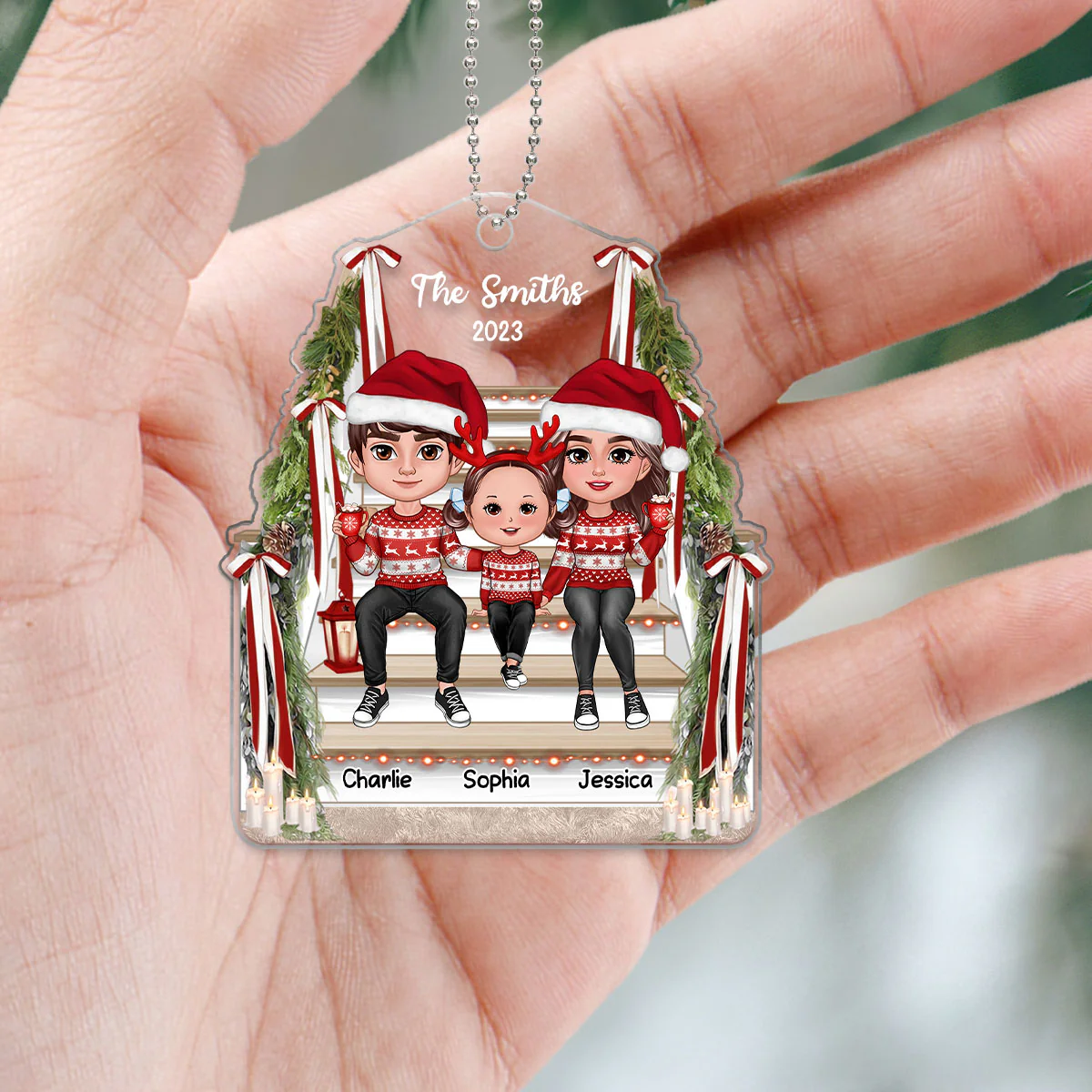 Family Sitting On Stair Christmas Gift Personalized Acrylic Ornament - Image 5
