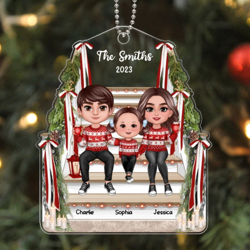 Family Sitting On Stair Christmas Gift Personalized Acrylic Ornament - Image 6