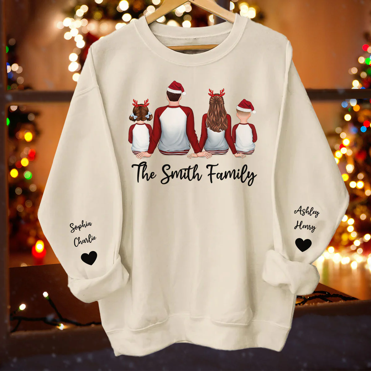 Family Sitting Pajamas Back View Personalized Sleeve Printed Sweatshirt - Image 2