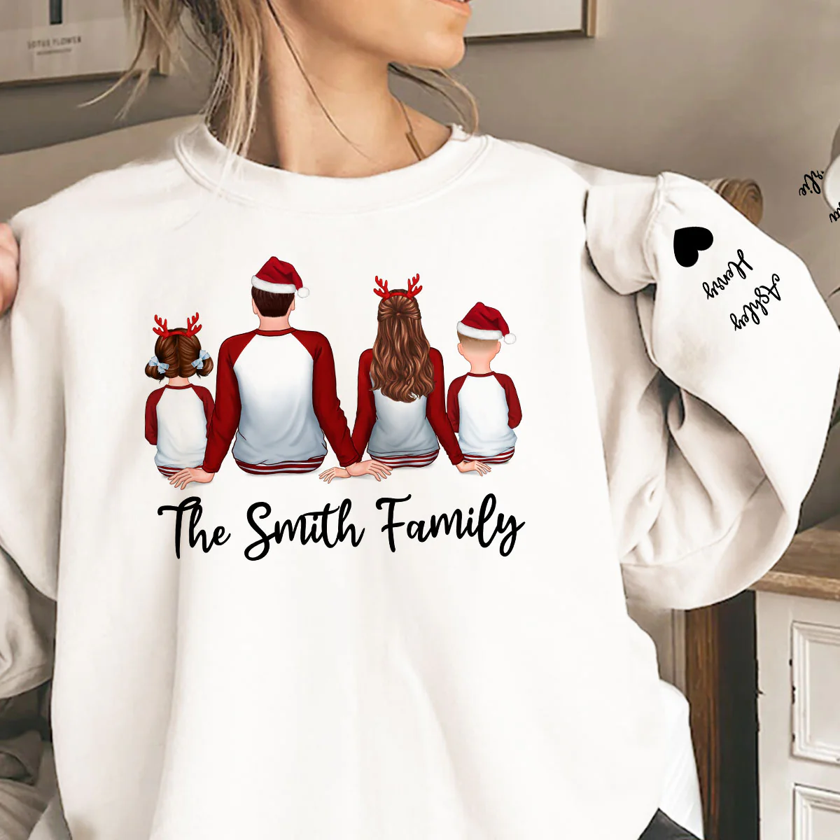 Family Sitting Pajamas Back View Personalized Sleeve Printed Sweatshirt - Image 4