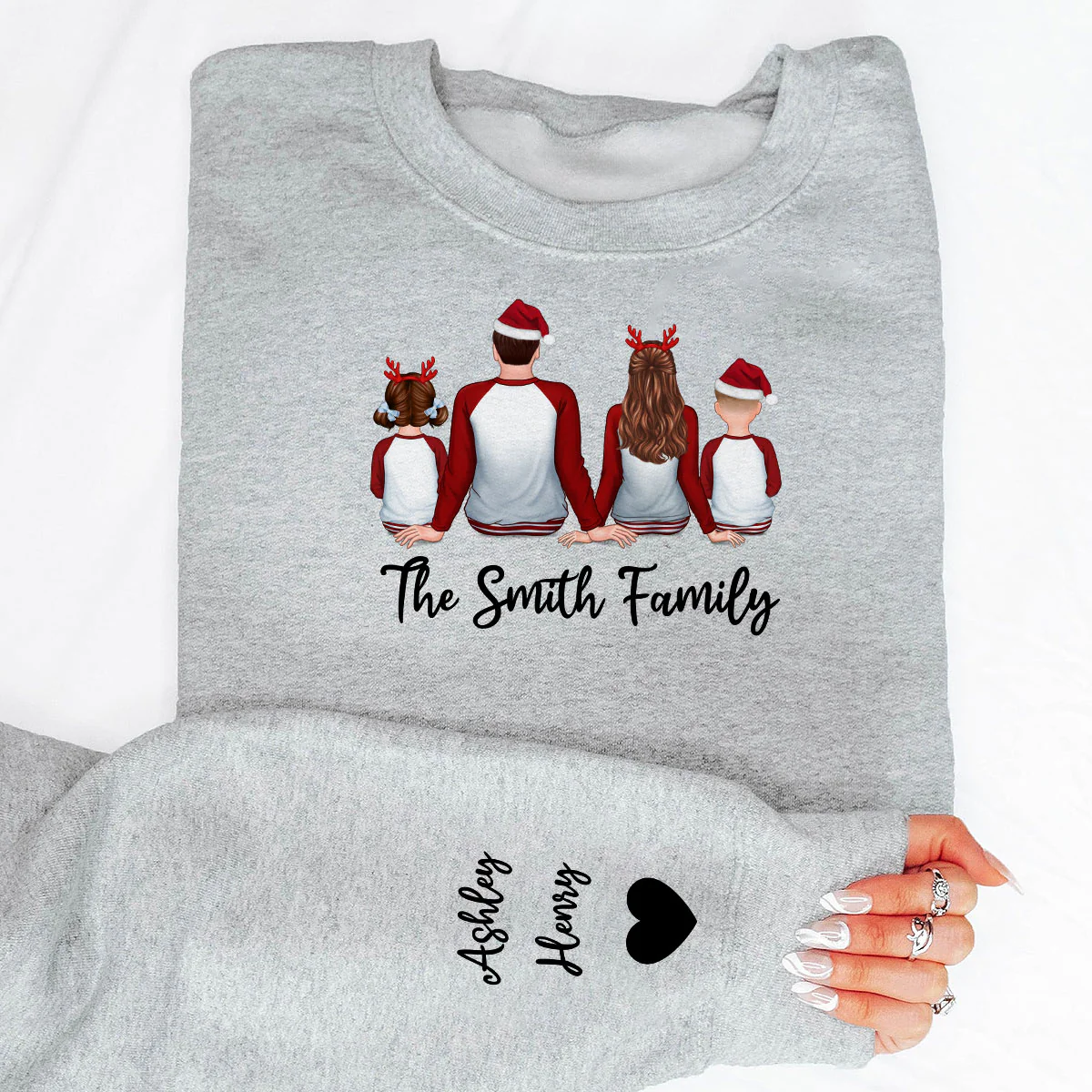 Family Sitting Pajamas Back View Personalized Sleeve Printed Sweatshirt - Image 7