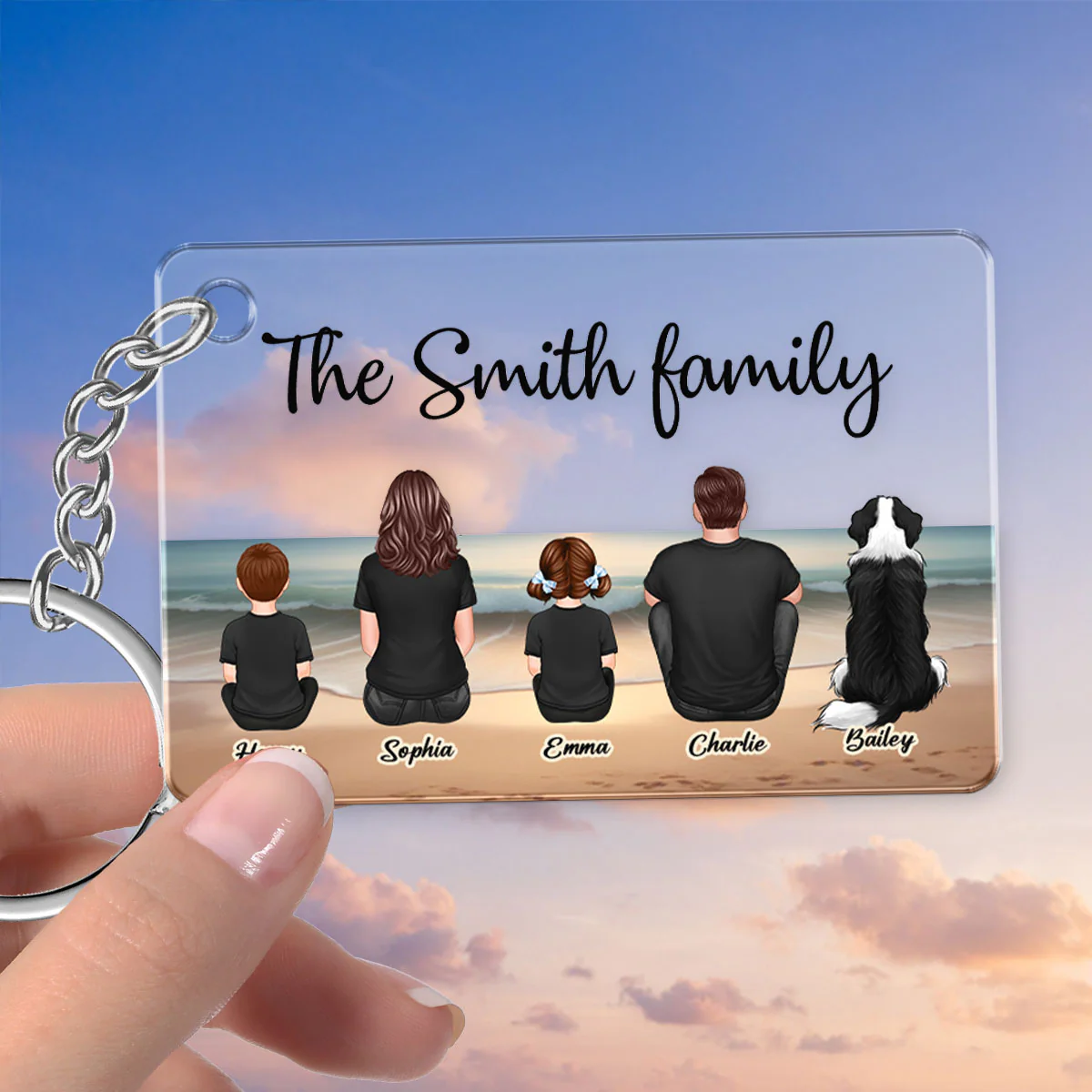 Family Sitting Realistic Beach Landscape Personalized Acrylic Keychain, Gift For Family - Image 5
