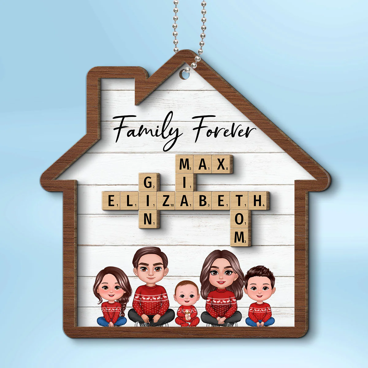 Family Sitting Together Crossword Puzzle Art Personalized House Shaped 2-Layer Wooden Ornament - Image 2