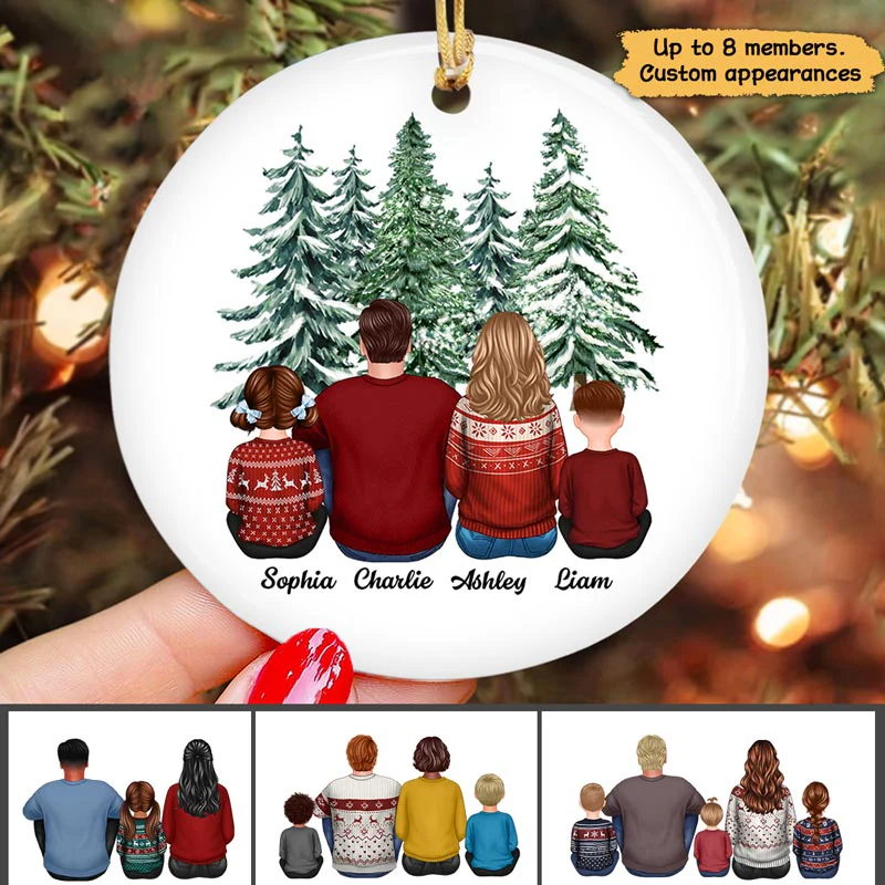 Family Sitting Under Christmas Tree Personalized Circle Ornament - Image 2