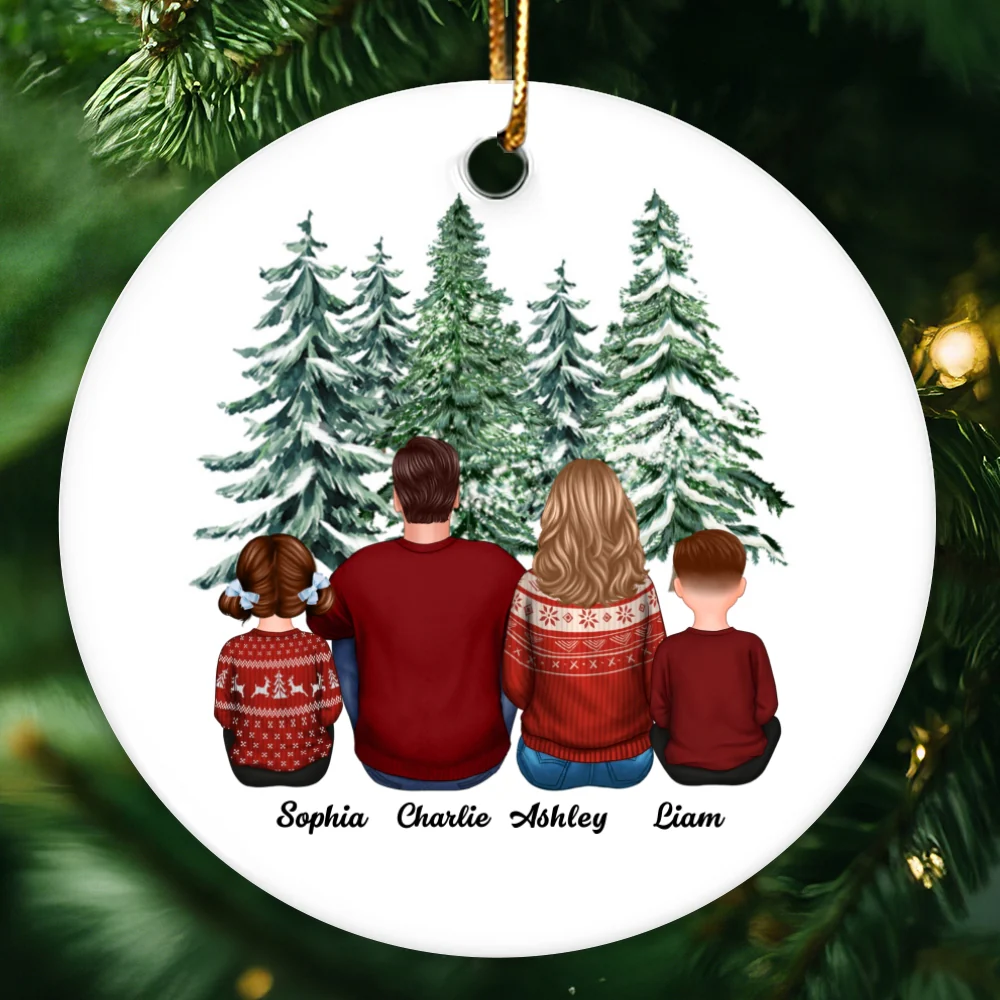 Family Sitting Under Christmas Tree Personalized Circle Ornament - Image 4