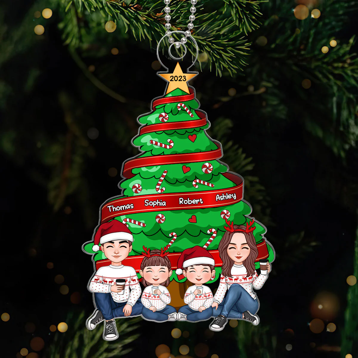 Family Sitting Under Christmas Tree Personalized Acrylic Name Ornament