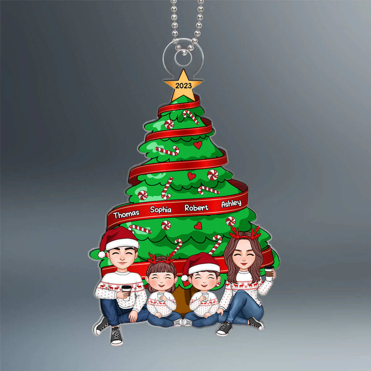 Family Sitting Under Christmas Tree Personalized Acrylic Name Ornament - Image 2