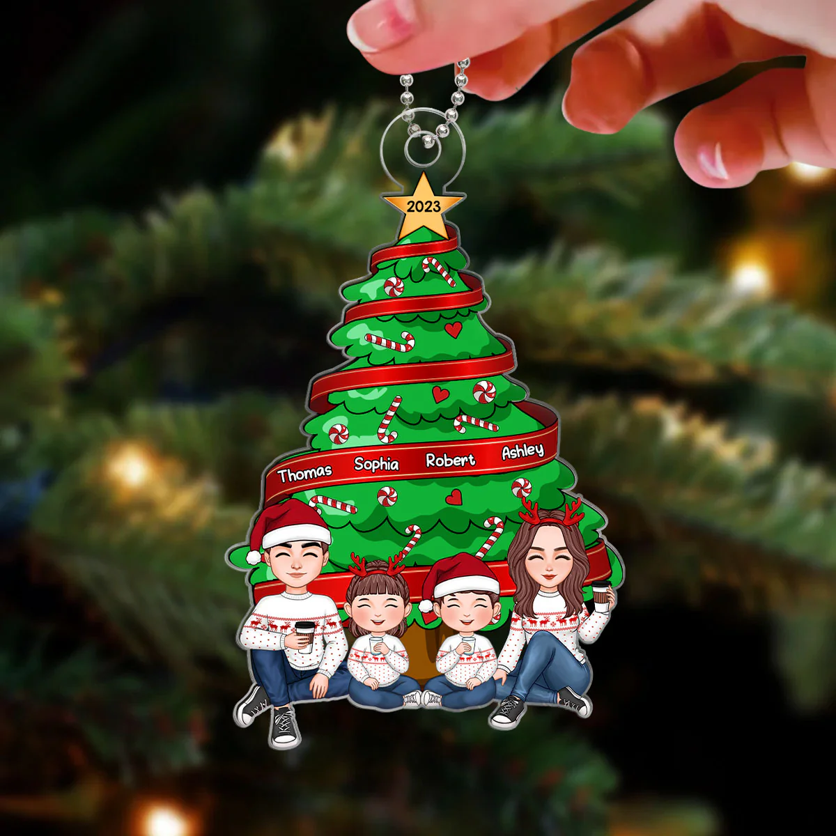 Family Sitting Under Christmas Tree Personalized Acrylic Name Ornament - Image 3
