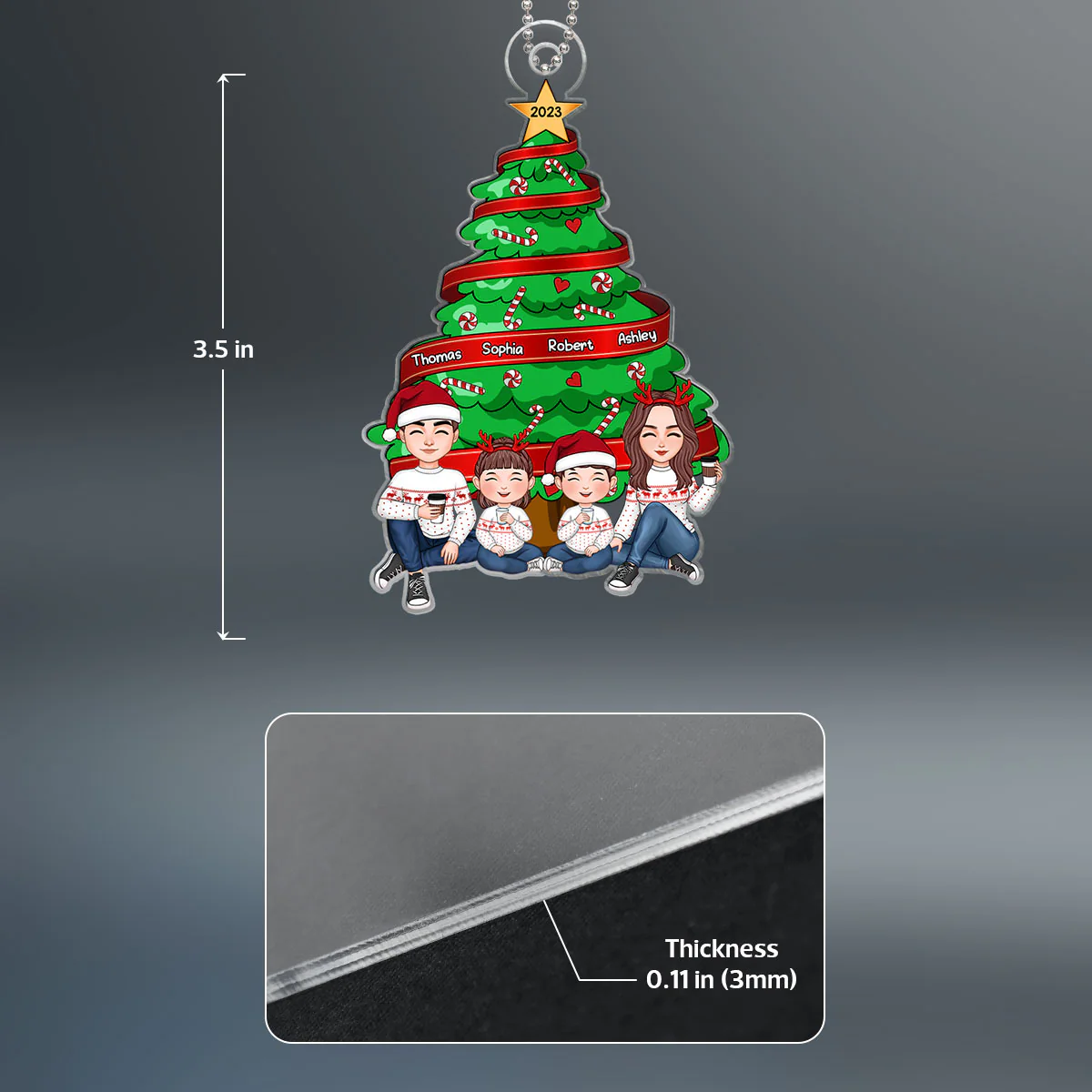 Family Sitting Under Christmas Tree Personalized Acrylic Name Ornament - Image 4
