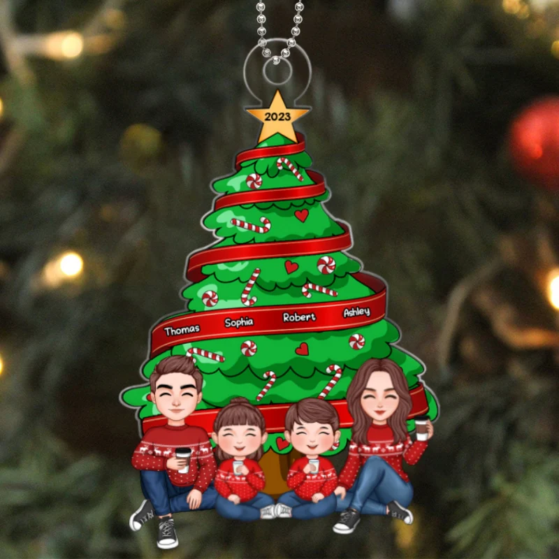 Family Sitting Under Christmas Tree Personalized Acrylic Name Ornament - Image 5