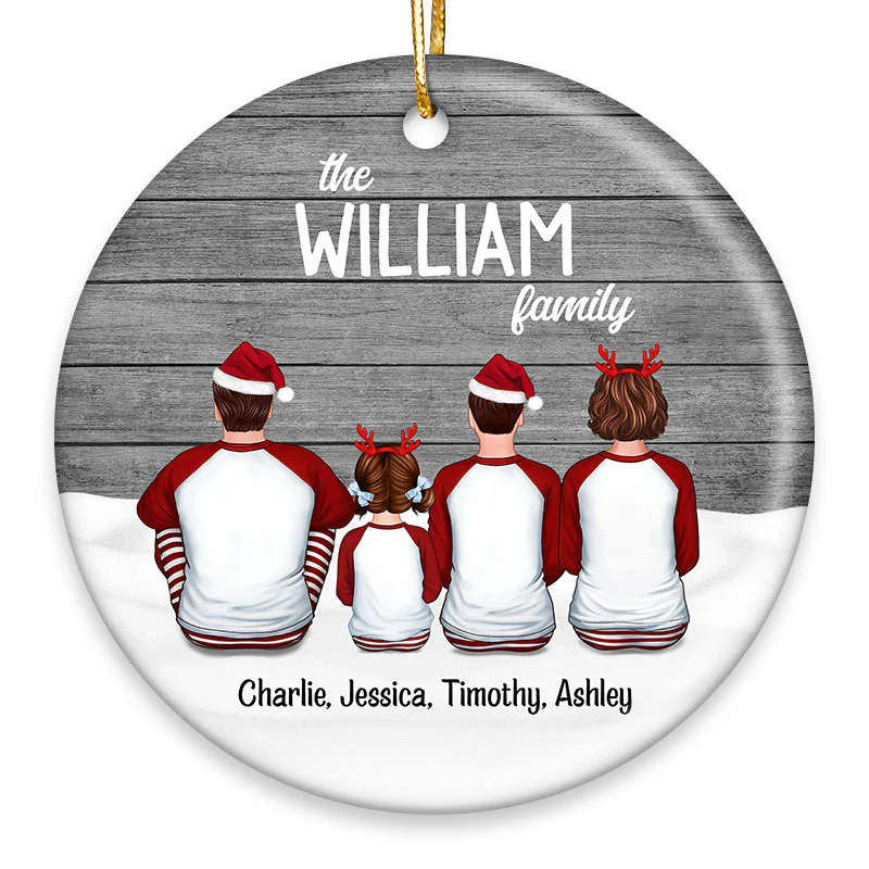 Family Sitting With Dogs Cats Snow Wood Personalized Circle Ornament