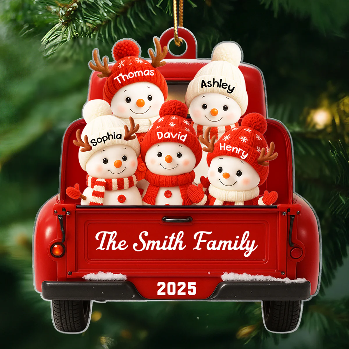 Family Snowman on Christmas Truck Personalized Acrylic Ornament, Red Truck Christmas Gift for Family - Image 2