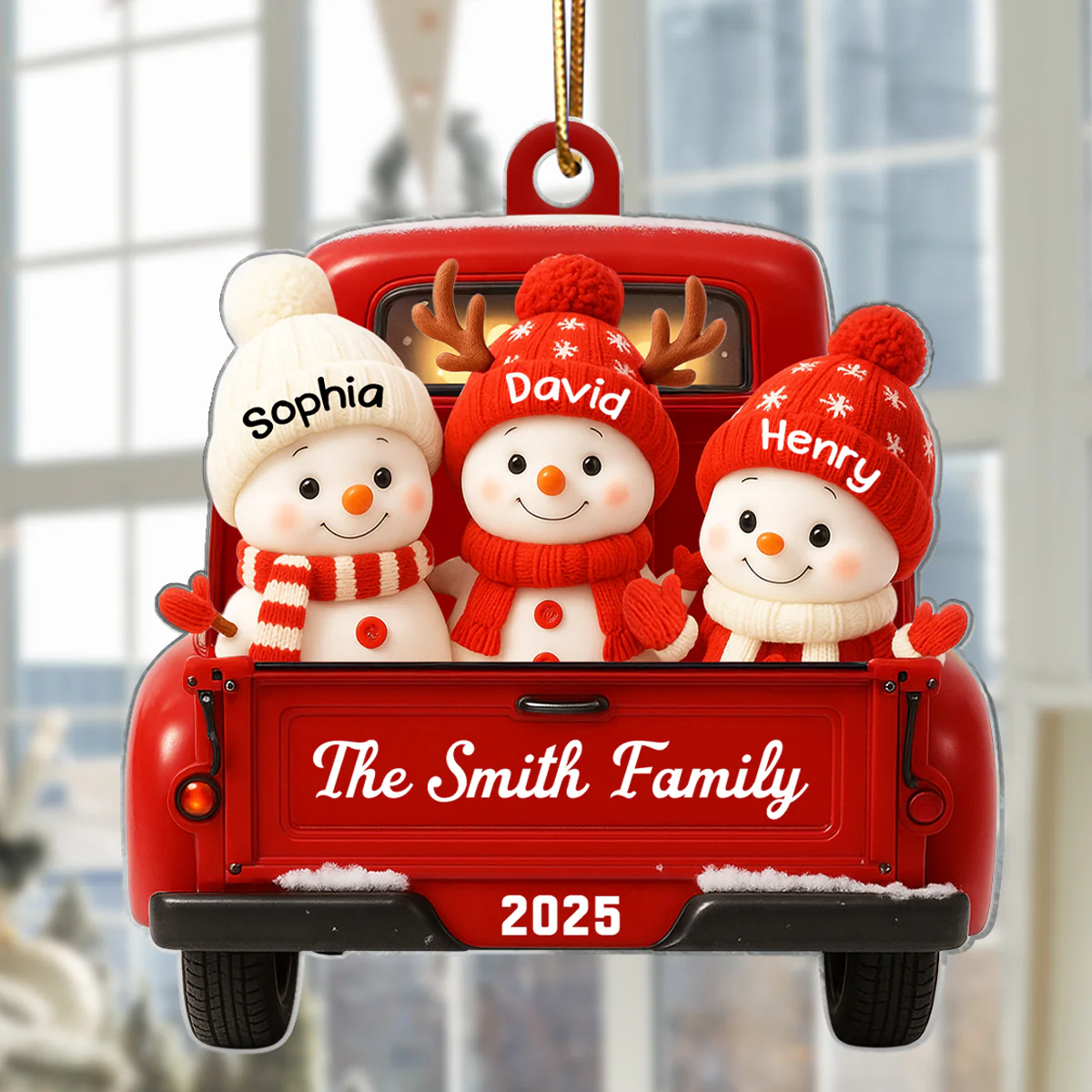 Family Snowman on Christmas Truck Personalized Acrylic Ornament, Red Truck Christmas Gift for Family - Image 3